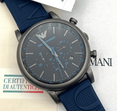 Buy Original Emporio Armani AR11023 Luigi watch in Pakistan with black dial & blue rubber strap. Premium luxury men watch with discounted price.