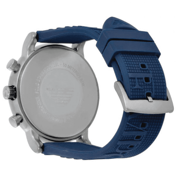 Buy Original Emporio Armani AR11023 Luigi watch in Pakistan with black dial & blue rubber strap. Premium luxury men watch with discounted price.