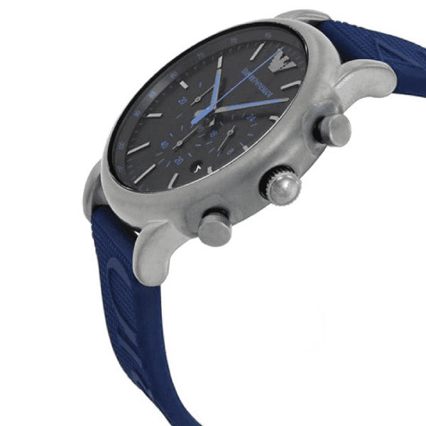Buy Original Emporio Armani AR11023 Luigi watch in Pakistan with black dial & blue rubber strap. Premium luxury men watch with discounted price.