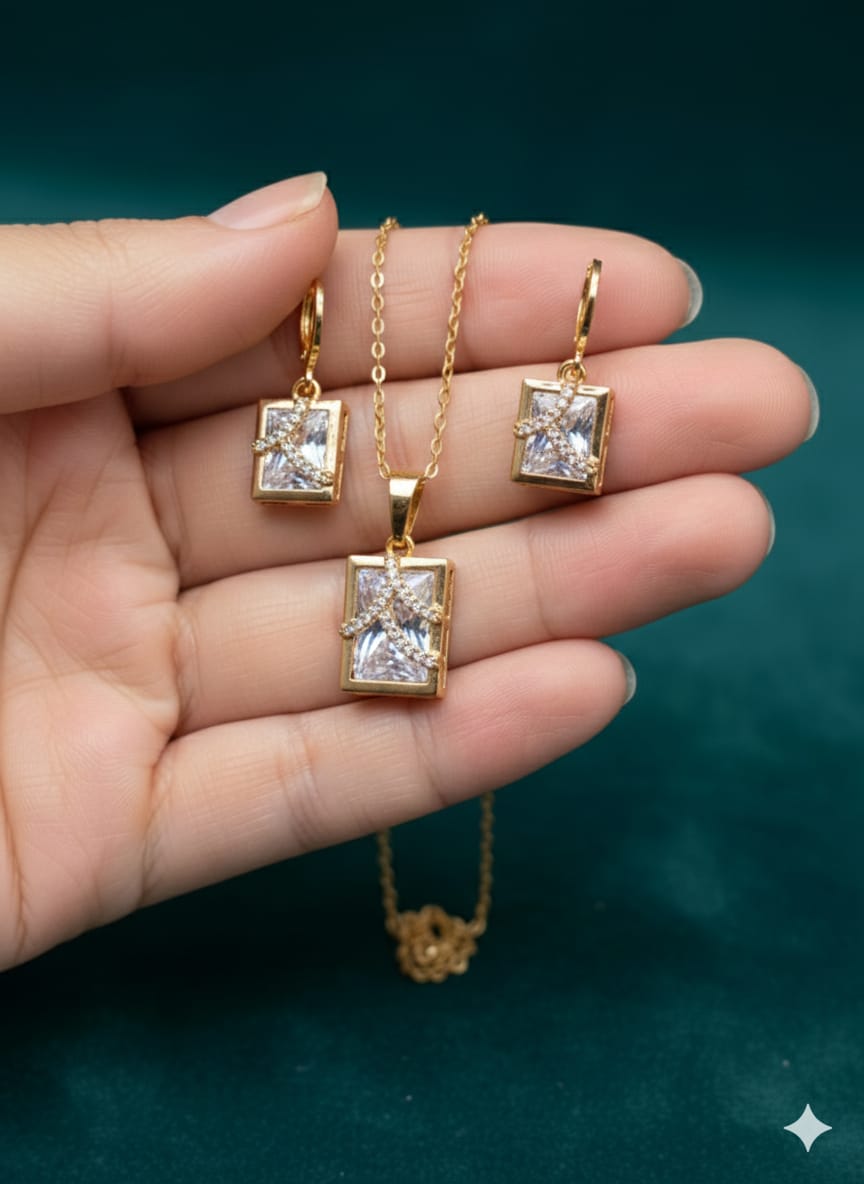 Elegant Square Zircon Locket Set | A1 Quality Rhodium Finish