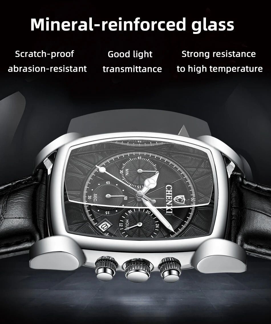 CHENXI Original Rectangle Dial Chronograph Watch Black Leather Strap by Shop2Door Store