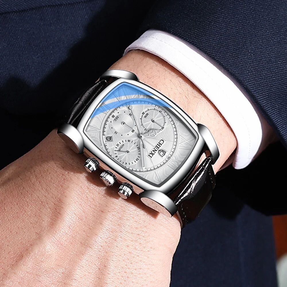 CHENXI Original Rectangle Dial Chronograph Watch Black Leather Strap by Shop2Door Store