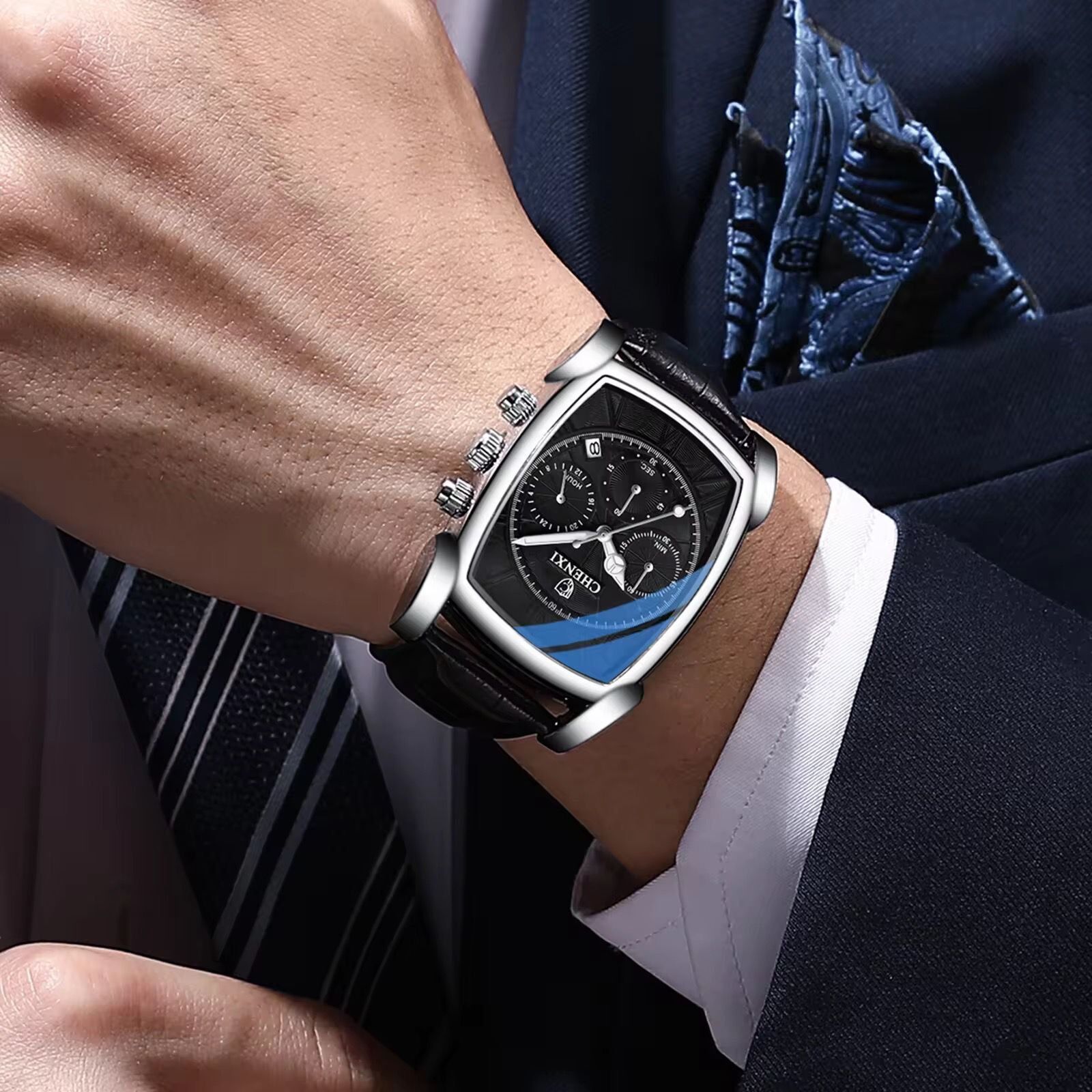 CHENXI Original Rectangle Dial Chronograph Watch Black Leather Strap by Shop2Door Store