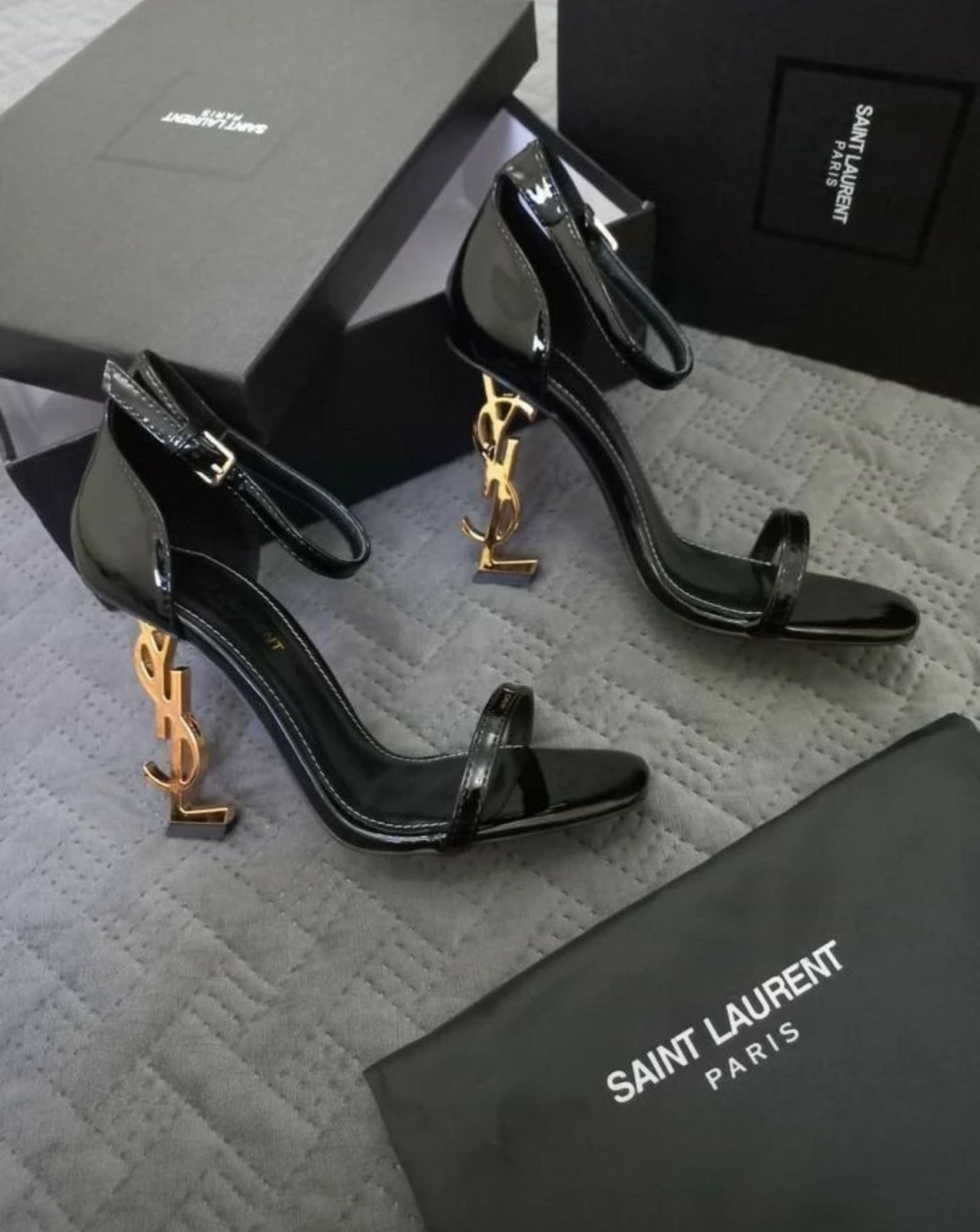 YSL Logo-Heel Sandals in gold hardware