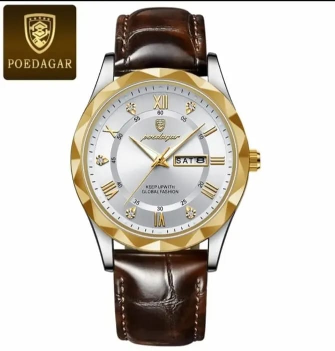POEDAGAR Original Leather Watch – Stylish Day & Date Watch for Men