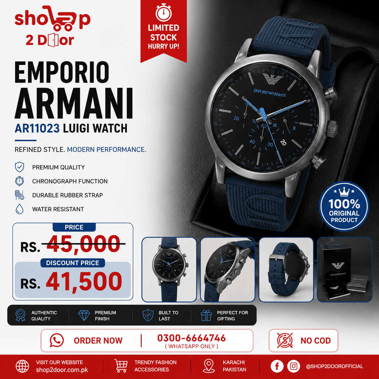Buy Original Emporio Armani AR11023 Luigi watch in Pakistan with black dial & blue rubber strap. Premium luxury men watch with discounted price.