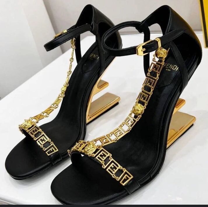 FENDI First Fendace Black Leather Heels | FENDI High Heel Sandals for Women in Pakistan
